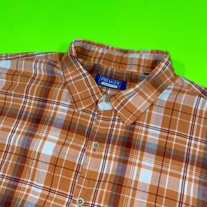 Premier International Mens 2XL Short Sleeve Plaid Button Down Shirt Orange Brown
